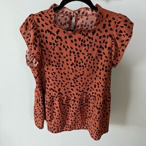 Stylish Women's Rust and Black Leopard Print Cap Sleeve Ruffled Peplum Cheetah M